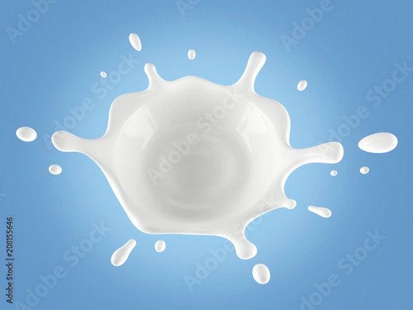 Fototapeta Splash of milk close-up on a blue background. View from above. 3D illustration