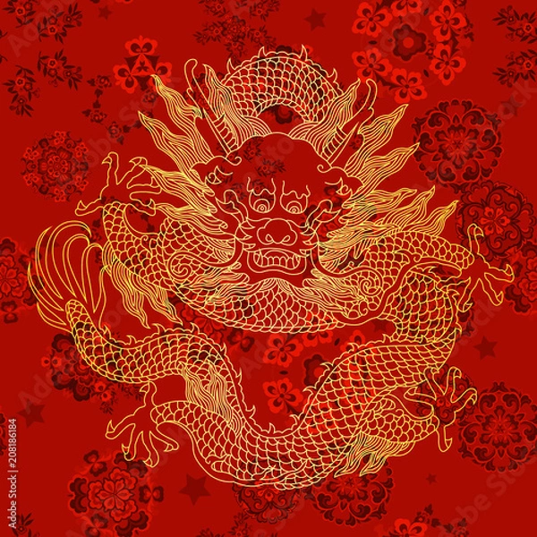 Fototapeta This is a traditionally Chinese ornament with a dragon and clouds.The dragon is the highest ranking animal in the Chinese animal hierarchy. It also represents a state symbol that is an emperor's role.
