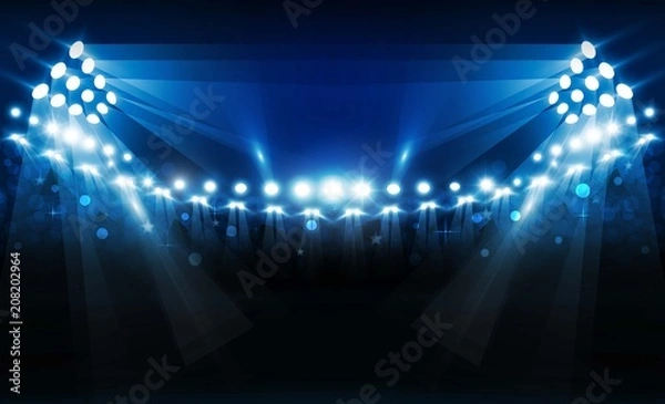 Fototapeta Football arena field with bright stadium lights vector design. Vector illumination