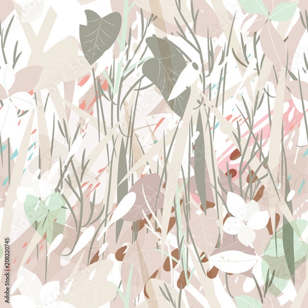 Fototapeta Military camouflage texture with trees, branches, grass and watercolor stains