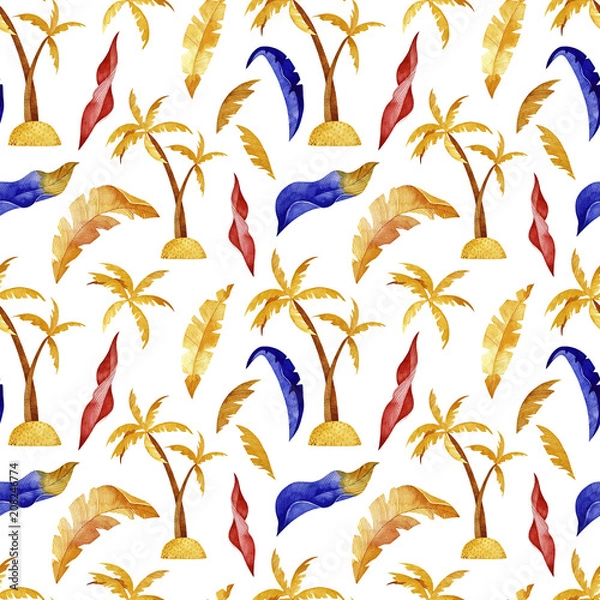 Fototapeta Watercolor travel seamless pattern. Summer travel. Perfect for you postcard design, wallpaper, print, invitations, patterns, travel, poster, packaging etc.