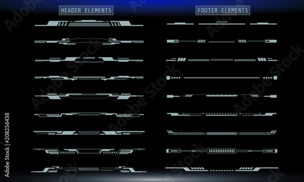 Fototapeta HUD Futuristic Header And Footer Elements Set For UI Inforgraphic Vector. Gray Abstract Future Cyber Hologram Bar Shape Illustration.