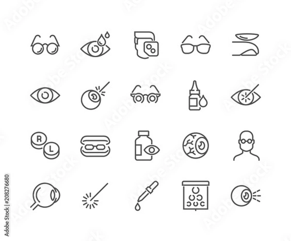 Obraz Prosty zestaw ikon linii związanych z optyką wektor. Zawiera takie ikony, jak badanie wzroku, chirurgia laserowa, gałka oczna, okulary i inne. Obrys edytowalny. 48 x 48 pikseli Perfect.