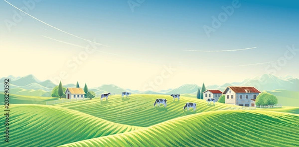 Fototapeta Stado krów w letnim krajobrazie wiejskim o świcie wśród pól i pastwisk. Ilustracji wektorowych.