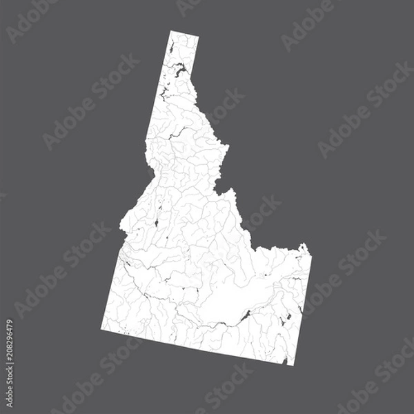 Fototapeta U.S. states - map of Idaho. Rivers and lakes are shown. Please look at my other images of cartographic series - they are all very detailed and carefully drawn by hand WITH RIVERS AND LAKES.