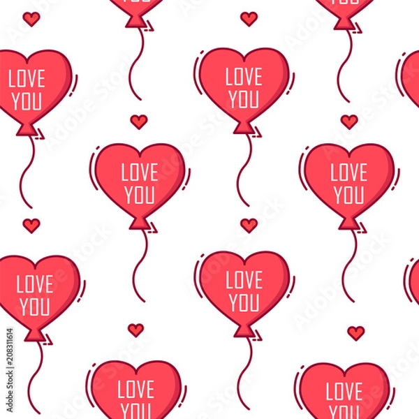 Fototapeta Love pattern with .balloon in the shape of heart on white background. Thin line flat design. Vector banner.