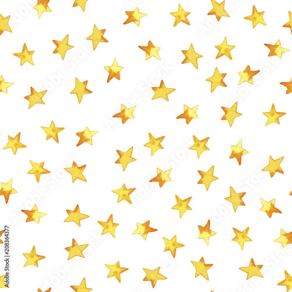 Fototapeta Seamless pattern of hand drawing yellow simple stars in cartoon childish stile on white background