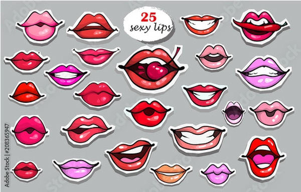 Obraz 25 Red lips sticker collection. Illustration isolated on grey background. Patches set. Banner.Fashion patch badges elements. Set of stickers, pins, patches in cartoon 80s-90s comics retro style.