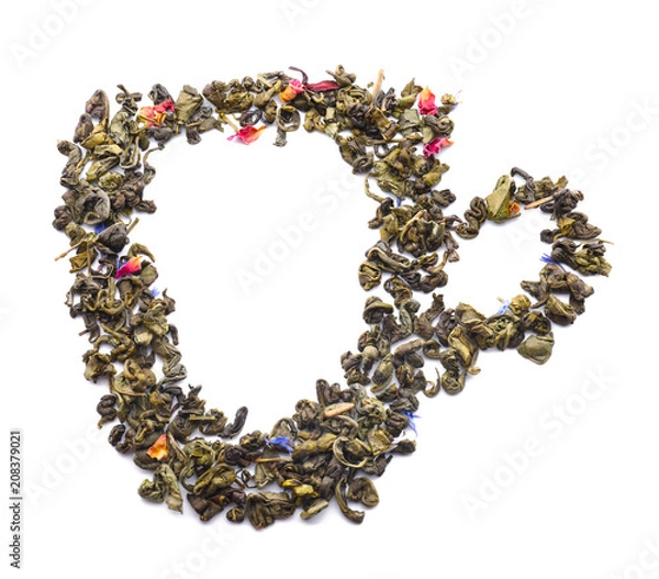 Fototapeta Cup made of dry green tea on white background