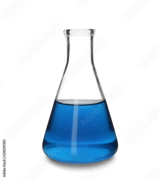 Fototapeta Flask with blue liquid on white background
