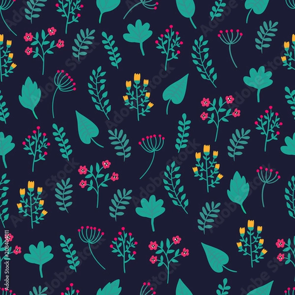 Fototapeta Cute hand drawn floral colorful seamless pattern of flowers and plants on black background. Perfect for scrapbooking, wrapping paper, textile etc. Ditsy print. Vector illustration