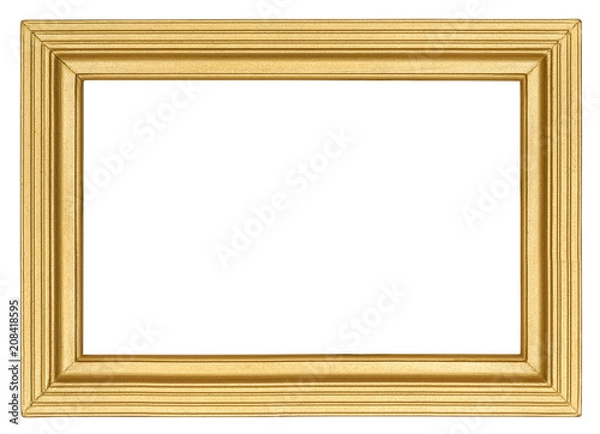 Fototapeta Golden wooden picture frame with carved linear pattern in retro style isolated on white background