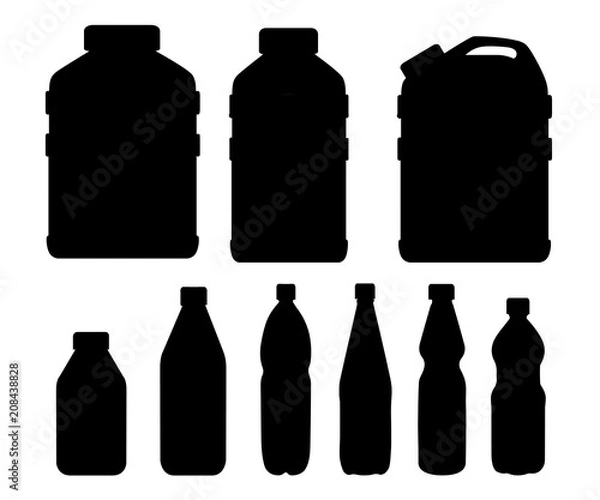 Obraz Black silhouette. Plastic water bottle set. Healthy agua vector illustration. Clean drink in plastic container. Templates for bottles with water. Vector illustration isolated on white background