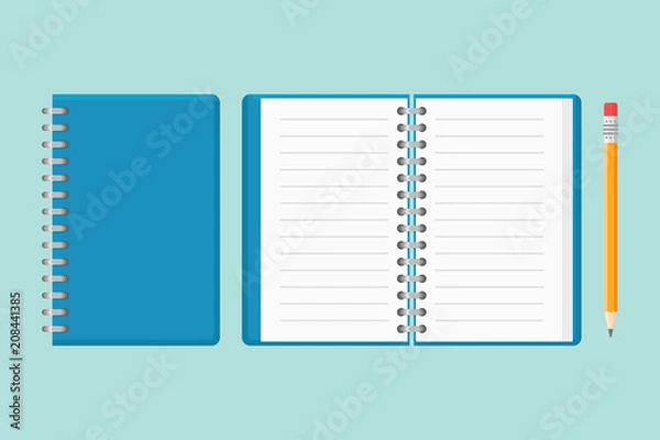 Fototapeta Closed and open notebook with pencil isolated on background. Flat style vector illustration.