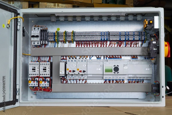 Fototapeta Modern electrical control Cabinet with controller and circuit breakers. Motor protection switches. Contactors with thermal relays. Fuse-operated breakers. Through terminals. Connecting wires.