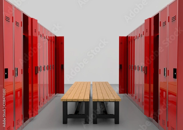 Obraz 3d rendering. red lockers rows separated by a wooden bench.