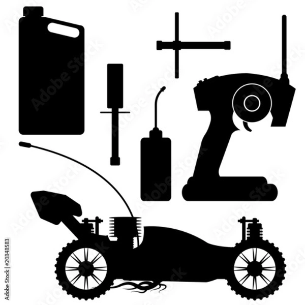 Fototapeta RC buggy silhouette with accessories over white