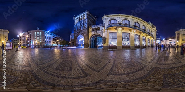 Obraz 3D spherical panorama of the Powder Tower in Prague at night with 360 viewing angle. Ready for virtual reality. Full equirectangular projection.