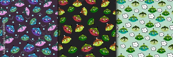 Fototapeta Set of fantastic gnome dwarf face seamless colorful pattern. Vector