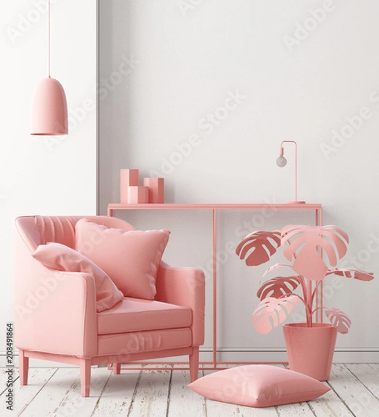 Fototapeta Mock up interior of the living room with an armchair in pink. 3D rendering