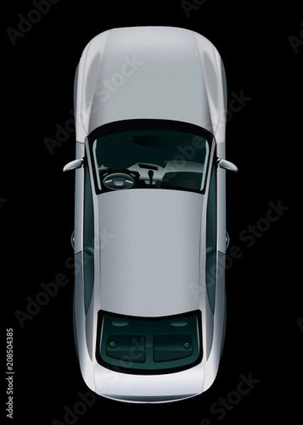 Fototapeta Widok z góry szary samochód osobowy na czarnym tle. Na białym tle szary samochód