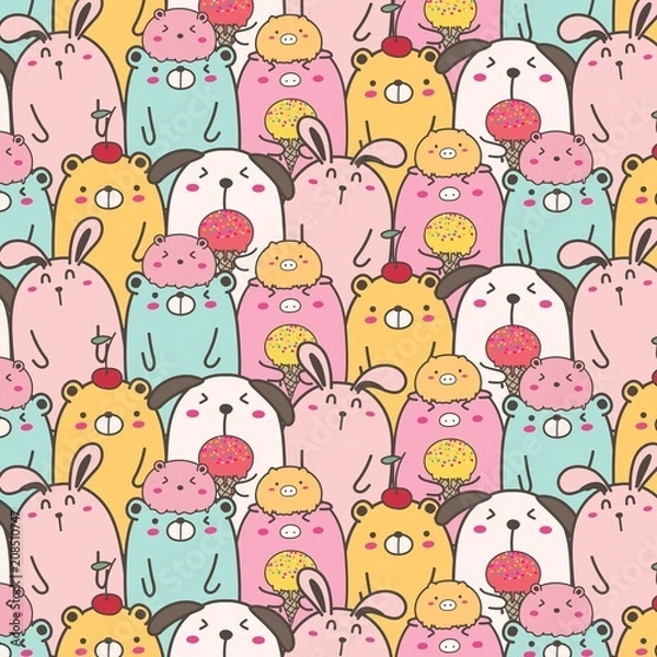 Fototapeta Cute Animal Vector Pattern Background. Fun Doodle. Handmade Vector Illustration.