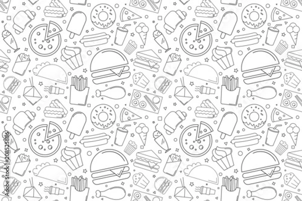 Fototapeta Street food background from line icon. Linear vector pattern