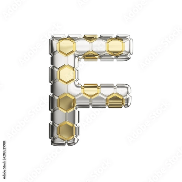 Obraz Alphabet letter F uppercase. Soccer font made of silver and gold football texture. 3D render isolated on white background.