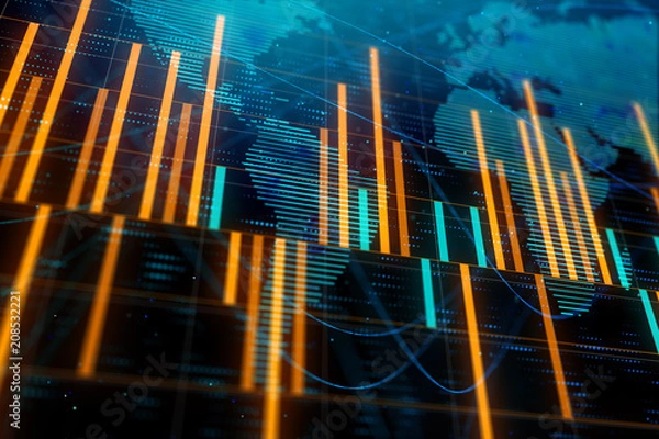 Fototapeta Orange forex chart backdrop with map