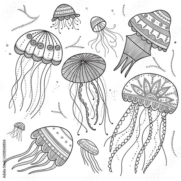 Fototapeta Vector set of jellyfishes in ethnic boho style