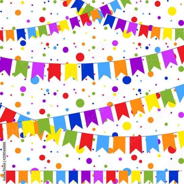 Fototapeta Set of six flat colored garlands isolated in the form of flags on a rope. On the background of colorful confetti. Suitable for design.