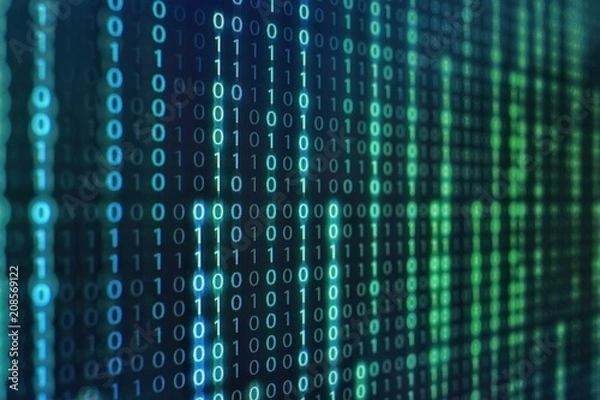 Fototapeta binary code data bit screen display on laptop computer screen. matrix of data flow. Rise of the big data AI age. artificial intelligence data transfer. Digital concept, high tech defocused blue light