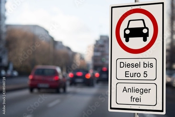 Obraz Znak zakazu jazdy z silnikiem diesla - znak zakazu zakaz jazdy z silnikiem diesla do Euro 5 - mieszkańcy bezpłatnie - ruch drogowy w tle