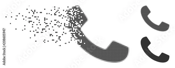Obraz Grey vector phone receiver icon in dissolved, dotted halftone and undamaged solid variants. Disappearing effect involves square particles. Elements are organized into dissolving phone receiver form.