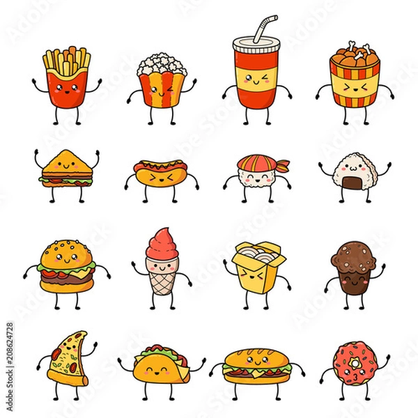 Obraz Set of vector cartoon doodle icons junk food. Illustration of comic fast food. Patch, badge