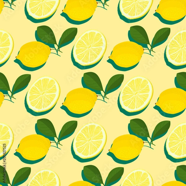 Fototapeta Trendy minimal summer seamless pattern with whole, sliced fresh fruit lemon on color background