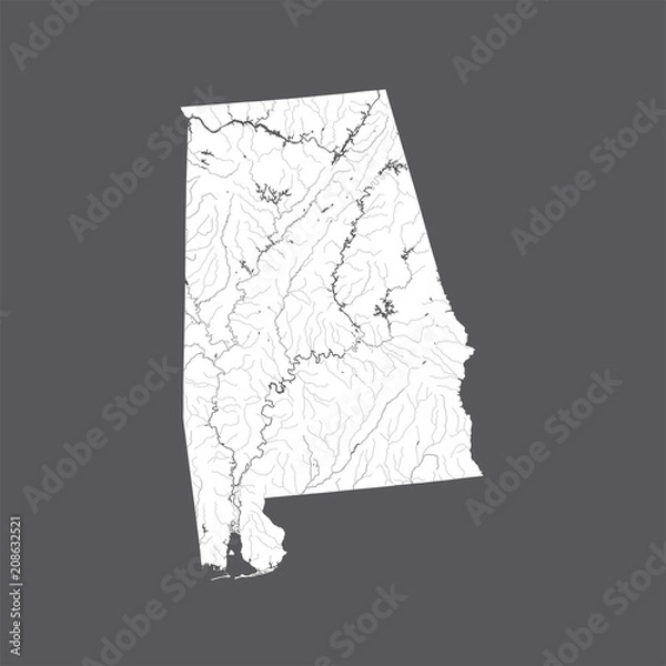 Fototapeta U.S. states - map of Alabama. Please look at my other images of cartographic series - they are all very detailed and carefully drawn by hand WITH RIVERS AND LAKES.