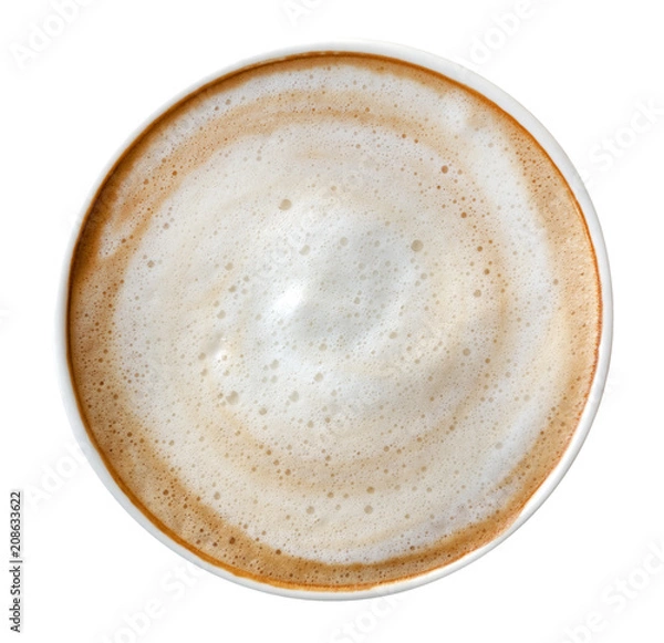 Obraz Widok z góry gorącej kawy latte cappuccino spirali pianki na białym tle na białym tle, zawiera ścieżkę przycinającą