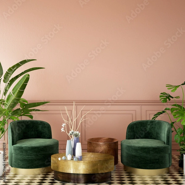 Obraz  interior design for living area or reception with deep pink wall , armchair,plant,on tile floor and green and pink classic wall background / 3d illustration,3d rendering