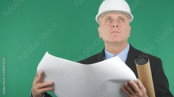 Obraz Serious Engineer Reading a Construction Plan with Green Screen in Background