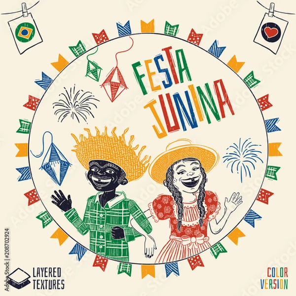 Fototapeta Happy multiracial hick couple waving - Brazilian June Party with diversity. Detailed vector for june party themes. Removable wood texture. Made in Brazil with love.