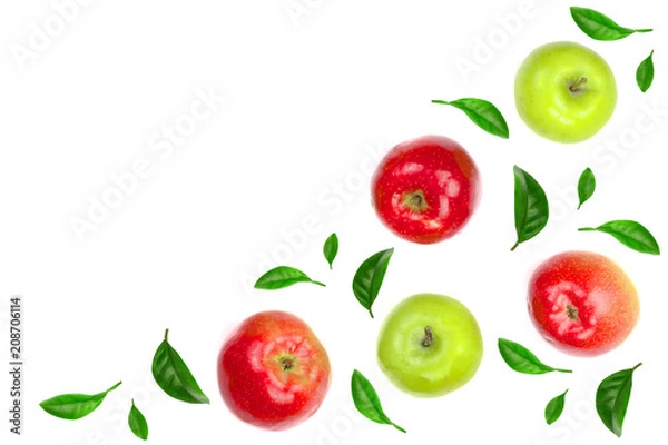 Obraz red and green apples decorated with green leaves isolated on white background with copy space for your text, top view