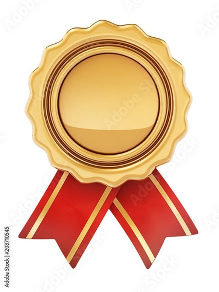 Fototapeta Golden badge with ribbons isolated on white background. 3D illustration