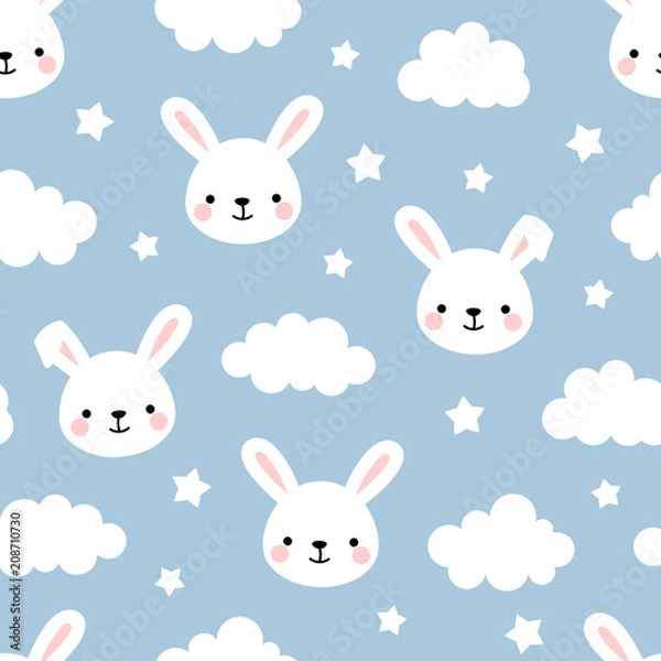 Fototapeta Cute Rabbit Seamless Pattern, Animal Background with Clouds for Kids