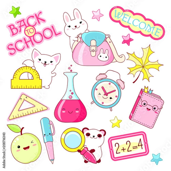 Obraz Vector set of education icons in kawaii style