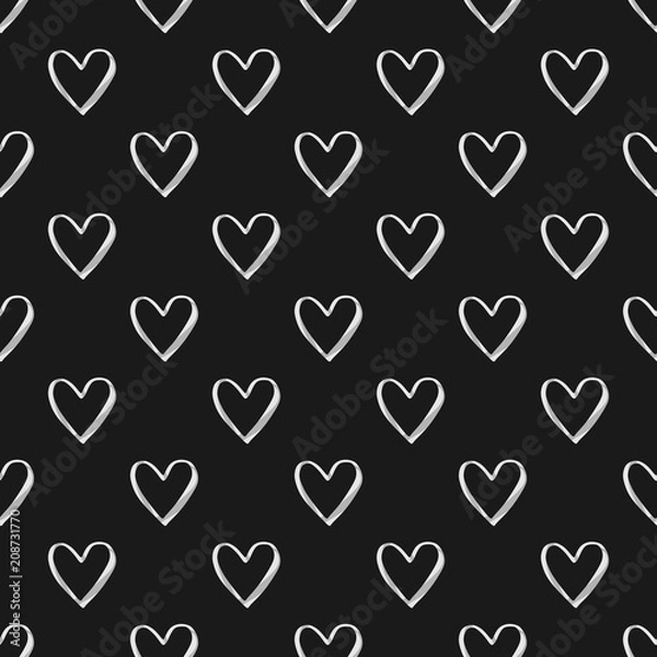Obraz Valentine's Day seamless pattern with white watercolor heart outlines on black background