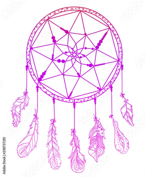 Fototapeta Dreamcatcher. Zentangle. Feathers. Abstract mystic symbol. American indians symbol. Zen art. Design for spiritual relaxation for adults. Line art creation