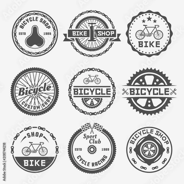 Fototapeta Bicycle shop vector round labels, badges, emblems