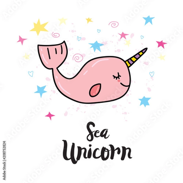 Fototapeta T-shirt or card print design with unicorn whale
