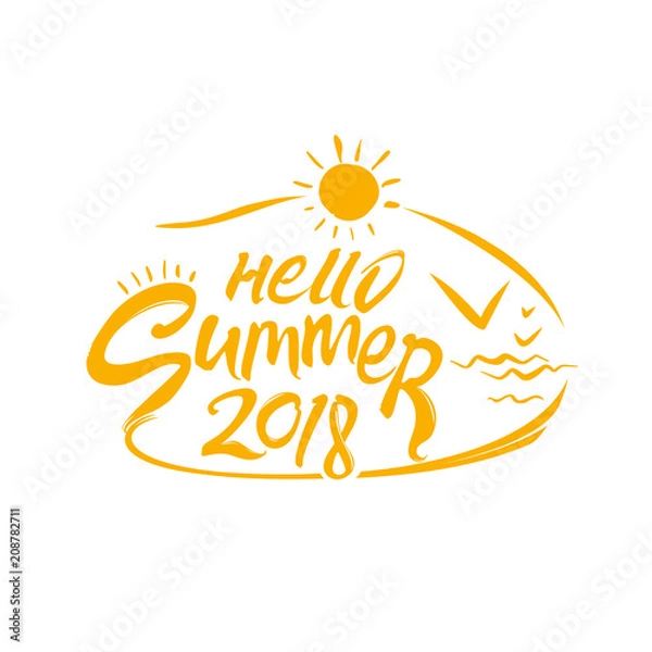 Fototapeta Hello Summer 2018. Vector laconic template with the sun and sea gulls. Handwritten symbolsummer vacation time.